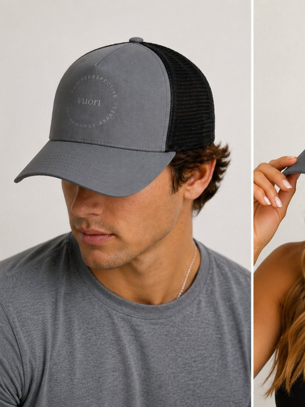 Vuori Gray Black Trucker Hat Mesh Snapback Logo Cap Outdoor Athleisure Everyday
